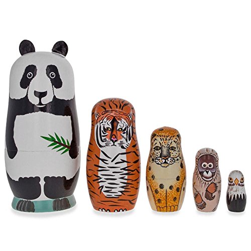 BestPysanky Endangered Animals Panda, Tiger, Leopard, Bold Eagle Wooden Nesting Dolls