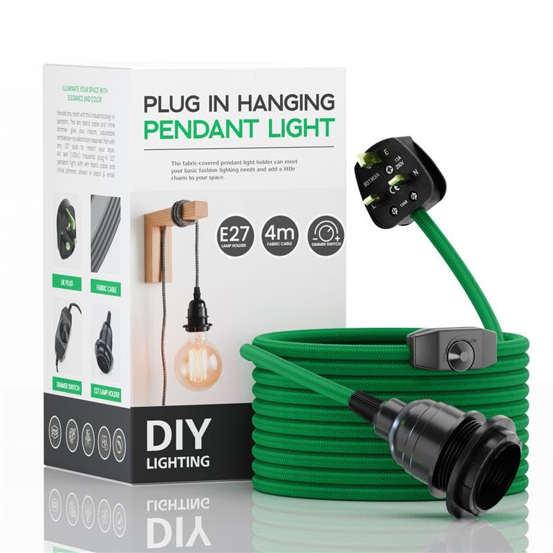 LEDSone Industrial Hanging Pendant Light with Plug-in, E27 Suspended Lamp Holder, 4m Fabric Flexible Cable with Dimmer Switch for Ceiling Hanging Lights (Green)