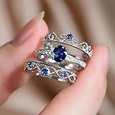 Metmejiao 14k White Gold Princess Cut Solitaire CZ Wedding Engagement Rings Set Crown Simulated Blue Sapphire 925 Sterling Silver Moissanite Bridal Set of 3 PCS Stackable Palace Rings Set 7