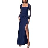 Women Mesh Long Sleeve Square Neck Ruched Sheath Formal Evening Maxi Dress Cocktail Party Wedding Guest Dresses