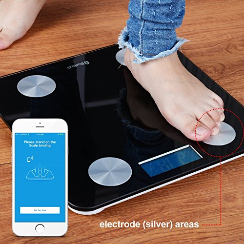Bluetooth Smart Body Scale with IOS and Android App Wireless Digital Bathroom Scale for Body weight, Body Fat, Water, Muscle Mass, BMI, Calorie, Bone Mass and Visceral Fat, Black color, Temptuare