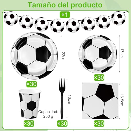 30PCS Platos de Fútbol para Fiesta de Cumpleaños, Decoraciones para Fiestas de Fútbol, con Placa, Mantel Taza,Tenedor, Servilleta, Pancarta, para Cumpleaños y Cualquier Celebración
