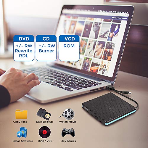 External Optical Drive, CD Drive with USB 3.0 & Type-C for VCD/DVD/CD -ROM/ -R/ +R /-RW Burner/Reader/Writer, Compatible for Windows/Linux/MAC OS