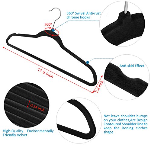 IEOKE Velvet Hangers, Nonslip Clothes Hangers Heavy Duty 360 Swivel Hanger Hook Ultra Thin Clothes Racks Perfect for Space Saving 50 Pack Black