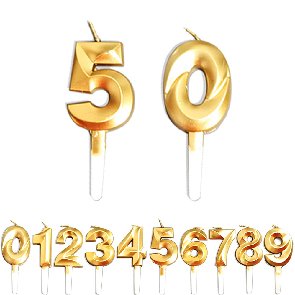 Birthday Candles, 50th Birthday Cake Candles, Cake Decoration for Birthday Party Wedding Anniversary Graduation Party Supplies (Gold, Number 0&5)