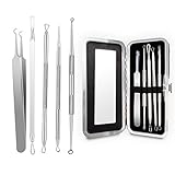 5 PCS Acne Removal Tool Set with Mirror, Comedone Extractor Tool with Leather Case, Blackhead Remover Tool Tweezers Kit, Treatment for Pimple, Blemish, Whitehead Popping, Zit Removing