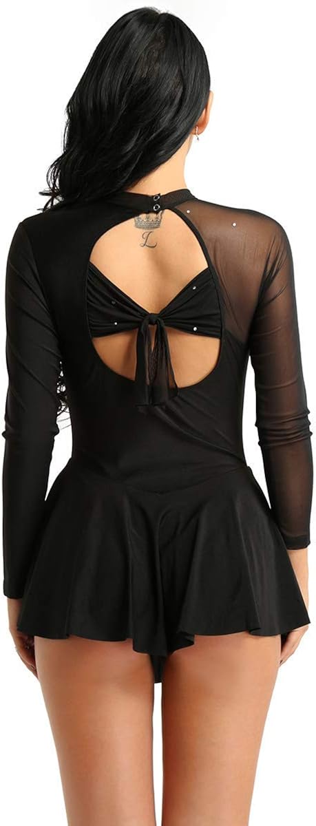 MSemis Women Adult Long Sleeve Mesh Figure Ice Skating Dress Ballet Leotard Dress Lyrical Dance Costume: Clothing