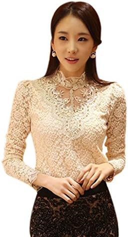 Smart Womens Lace Spliced Shirt Long Sleeve Ladies Stand Collar Tops Blouse