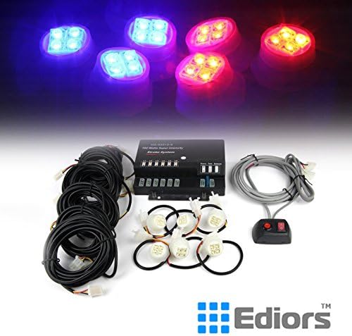 Ediors® 120W LED Bulbs Hide-A-Way Emergency Hazard Warning Strobe Lights (6 LED Bulbs, RED / BLUE)