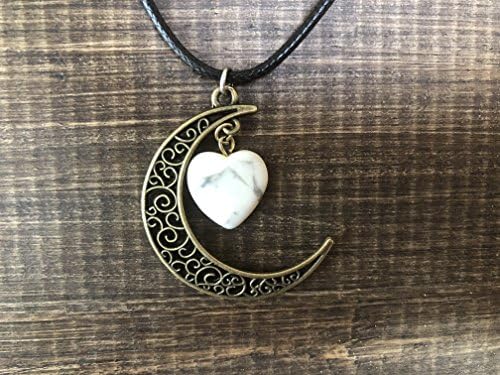 Heart Pendant ~ Bronze Crescent Moon ~ Heart Shaped Howlite Stone ~ Tumbled/Shaped ~ 18' black cord