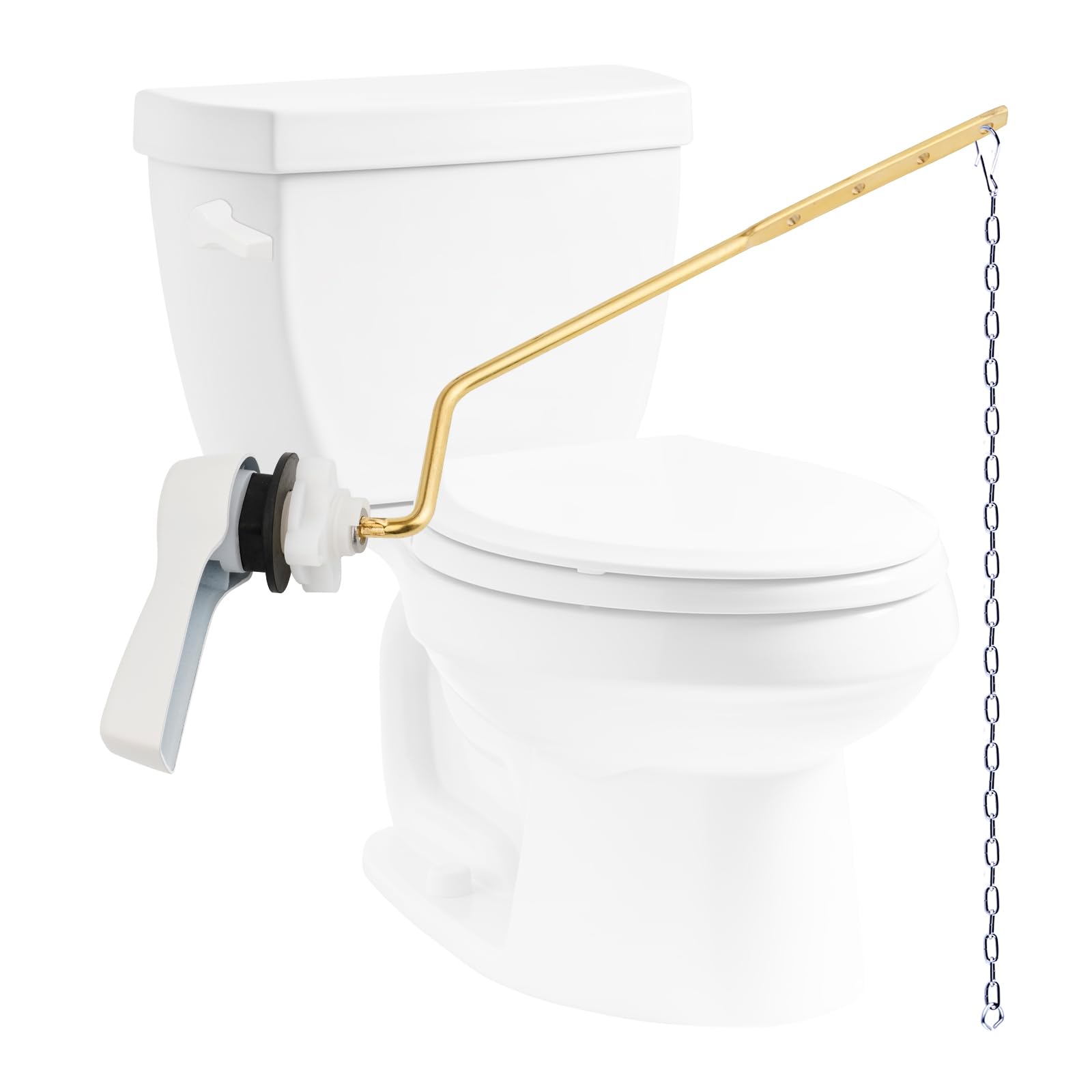 Photo 1 of Hibbent Universal Metal Side Mount Toilet Handle Replacement Kit, Brass Toilet Flush Tank Lever with Stainless Steel Flapper Chains for Most Toilets, White Finish