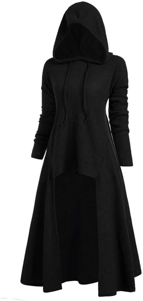 Yihaojia Women BlouseWomen Hooded Sweatshirt Dress Long Sleeve Medieval Vintage Lace Up High Low Cloak Robe (L, Black)