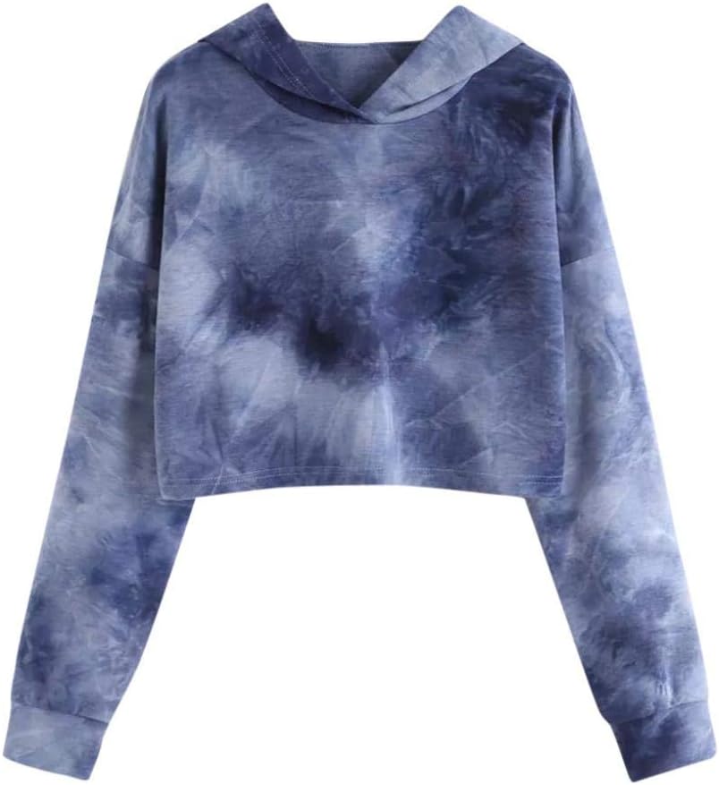 Women Fashion Cropped Hoodie Tie Dye Long Sleeve Sweatshirt Casual Pullover Top
