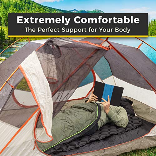HONEYBULL Sleeping Pad (Comfy Pillow & Travel Bag Included) Lightweight Comfortable Sleep Mat Perfect for Camping and Traveling | Inflates in Just 1 Minute (Black)