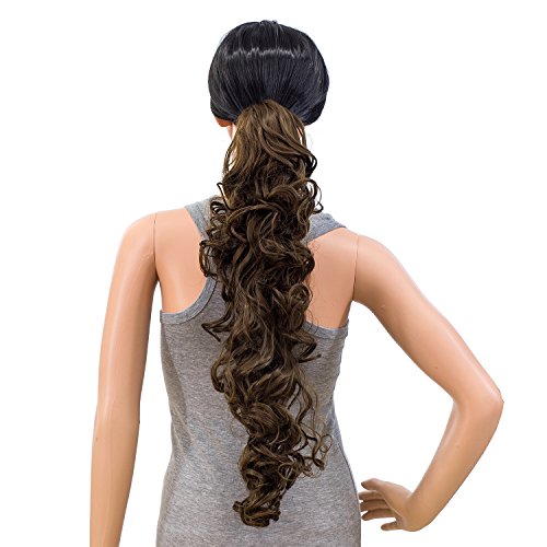 SWACC 24-Inch Long Messy Curls Claw Clip Ponytail Extensions Synthetic Clip in Drawstring Curly Ponytail Hairpiece Jaw Clip Hair Extensions (Medium Ash Brown-8#)