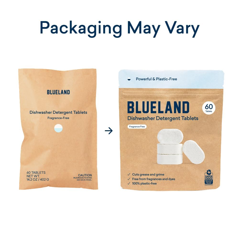 BLUELAND 100% Plastic-Free Dishwasher Detergent Tablets, 60 Count, Free & Clear, Eco-Friendly Dishwashing Pods, Natural, Sustainable