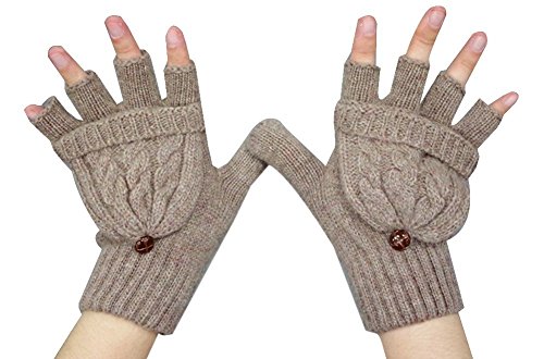 Natuworld Womens Girls Winter Thermal Knitted Heat Holders Fingerless Mitten Cap Gloves with Flip Top