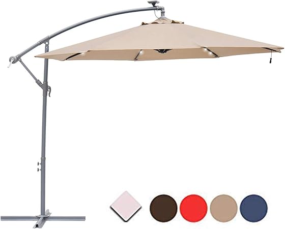 Amazon Com Sunnyard 10 Led 32 Light Outdoor Patio Market Umbrella With Solar Power Led Lights Cantilever Offset Patio Umbrella With Crank 8 Ribs Taupe Garden Outdoor