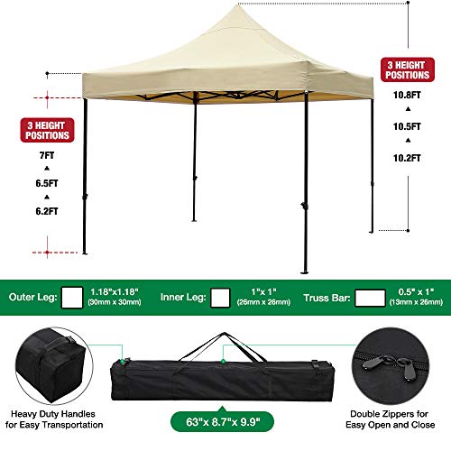 kdgarden 10 ft. x 10 ft. Outdoor Easy Pop Up Canopy with 420D Waterproof and UV-Treated Top, Portable Party Shelter Tent with Carrying Bag, Khaki - Thumbnail 3