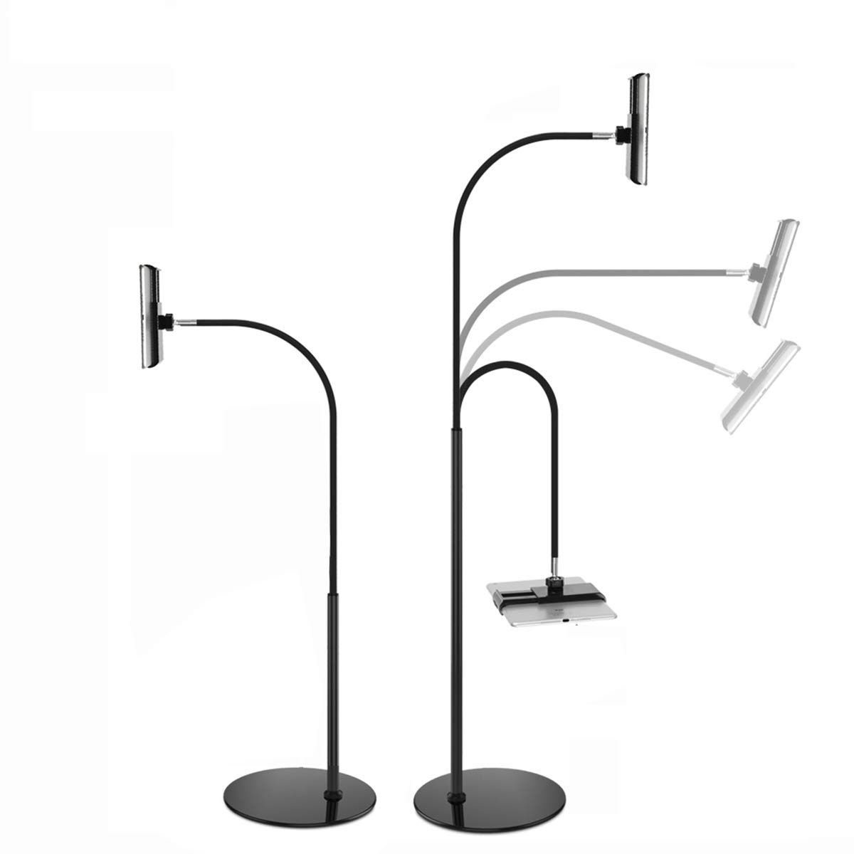 Tablet Floor Stand Cell Phone Stand 360°Rotating Height-Adjustable with Gooseneck and Stable Base for iPad Within 3-10.1 Inches (Black)