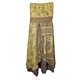 Mogul Womens Skirt Dress Smocked Bodice Strapless Silk Sari Beach Sundress (Yellow-1)