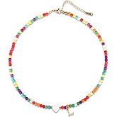 Mikovivi Initial Beaded Necklace, Colorful Cute Beaded Necklace with Heart Shells Stylish Letter Pendant Necklace Handmade Personalized A-Z Gifts for Women Girls (Letter L)