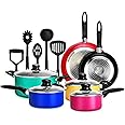 NutriChefKitchen 15-Piece Nonstick Kitchen Cookware Set PTFE/PFOA/PFOS- Free | Colorful Heat Resistant Lacquer Pots Pan Set Saucepot, Frying Pans, Pots, Oven Pot, Lids, 5 Utensil - NCCWCOR15