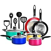 NutriChef 15-Piece Colorful Nonstick Kitchen Cookware Set | Heat Resistant Lacquer Kitchen Ware Pots and Pans Set w/Saucepot, Frying Pans, Pots, Oven Pot, Lids, Utensil