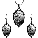 Halloween Earrings Necklace Jewelry Set for Men and Women Vintage Gothic Witch Glass Cameo Earring Punk Style Raven Bat Witch Gothic Jewelrys Accessories Goth Raven Vampire Halloween Theme Costume Jewelry