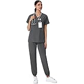 Leaddol Scrubs for Women Set, V-Neck Scrubs Top & Jogger Pants Medical Scrubs Set with 8 Pockets, Yoga Waistband