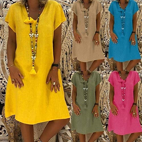 Sunmoot Casual Linen Loose Plain Simple Dress for Women, Plain Simple Solid V-Neck Plus Size Midi Dress - Thumbnail 4