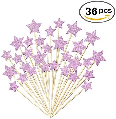 Twinkle Purple Star Cupcake Toppers DIY Glitter Mini Birthday Cake Snack Decorations Picks Supplies Party Accessories for Wedding Baby Shower 36pcs