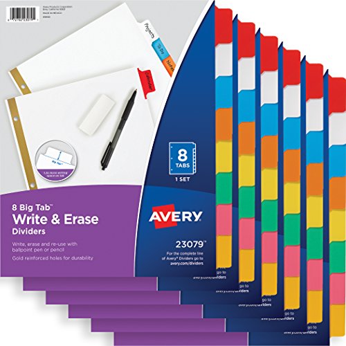 Avery Big Tab Write & Erase Dividers, 8-Tab Set, Multicolor, Multi Pack of 6 Sets (23079)