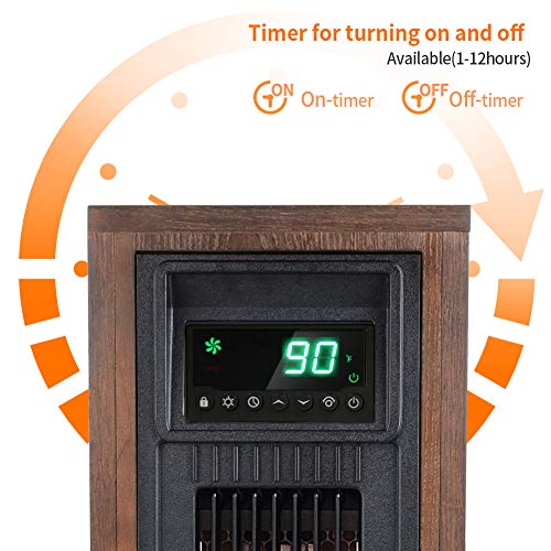 LIFE SMART Electric Infrared Quartz Oscillating Tower Heater with Adjustable Thermostat and Timer, Wood Appearance Decorative Heater with Tip-Over and Overheat Protection 1500W/1000W