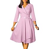 Elainone Women 3/4 Sleeve Casual Swing Flared A Line Dress Wedding Guest Semi Formal Office Work Dresses with Belt