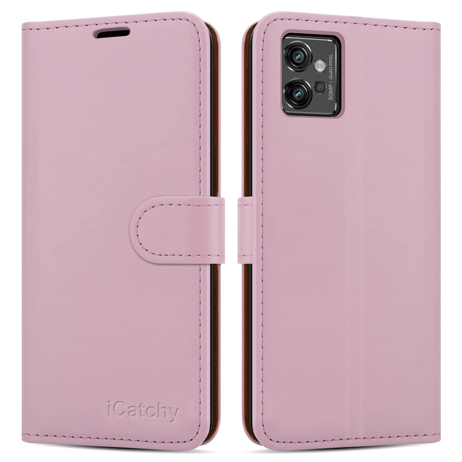 iCatchy for Motorola Moto G32 Case Leather Wallet Book Flip Folio Kickstand View Card Slots Full Protection Cover for Moto G32 Phone (Rose Gold)