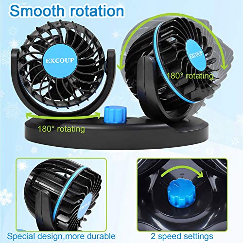 EXCOUP USB Fan with 2 Speeds, Adjustable Mini Car Fan, Table Fan DC 5V Dual Head Rotatable