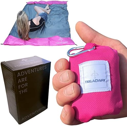 Pocket Blanket by Treadway: Over 6ft x 4ft, fold any way to repack, 6 pockets, 4 stake loops, Ultra-lightweight, water-repellent, carabiner included. Camping/Beach/Picnic blanket. (Pink)