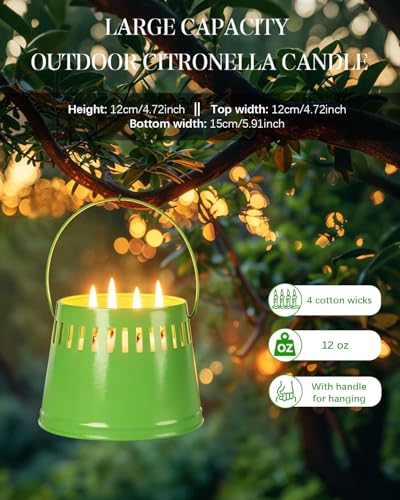 Vela grande citronela exteriore,Vela de Citronela con 4 mechas, Velas Perfumadas de Citronella 80 horas, Velas de Citronella 100% natural, Larga Velas de Regalo para acampar, jardín, picnic, patio