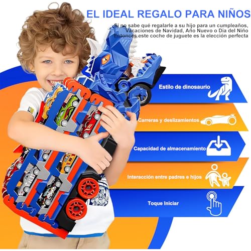NEOROSVIKA Dinosaurios de Juguetes, Camión de Juguete de Dinosaurios con 12 Coches, Carritos Juguetes para Niño, Pista Doble Plegable, Regalo para Niños y Niñas (Azul)