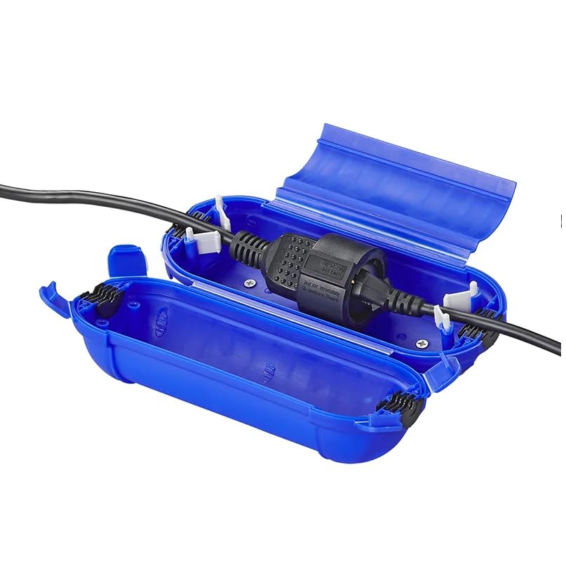 Safety Box Waterproof IP44 Outdoor - Protective Box for Extension Cable & Schuko Plug - CEE, Protective Housing, Strain Relief, in Black, Blue, Green, Red (Blue, for Schuko Plug)