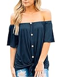 BOCOTUBE Women's Casual Off Shoulder Short Sleeve Button Down Font Tie Knot T Shirts Blouses Tops Black