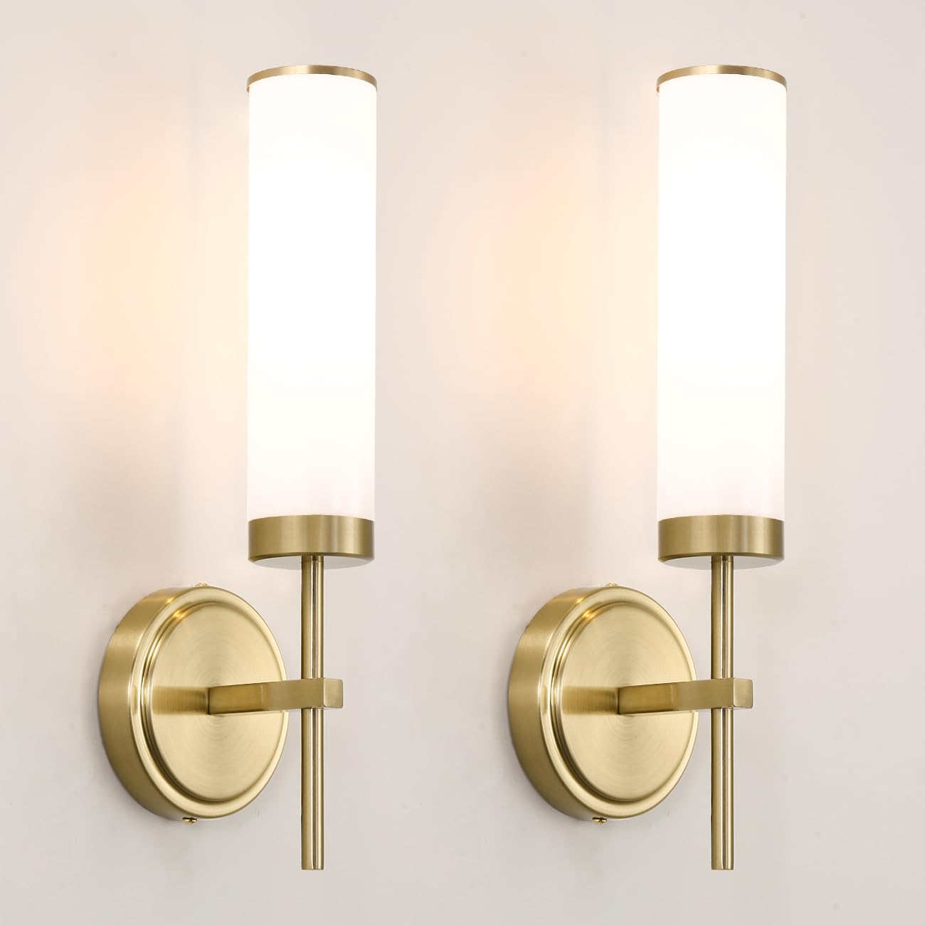 Photo 1 of Gold Wall Sconces Set of 2, Modern Bathroom Sconces Wall Lighting with Opal White Glass, Vanity Light Fixtures for Bathroom, Brushed Brass Wall Mount Lights for Living Room Bedroom Hallway, Hardwired