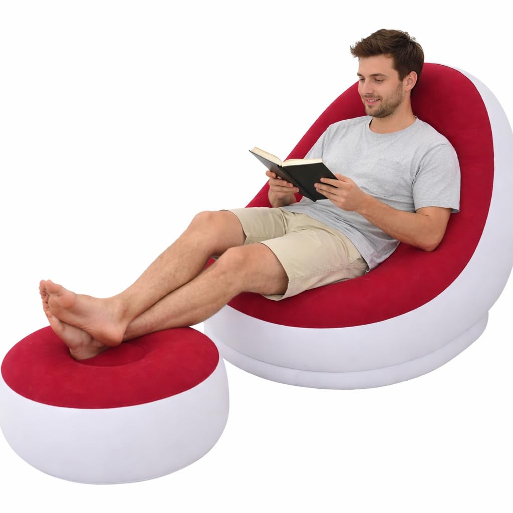 eBoutik - Deluxe Inflatable Lounge Chair & Footstool – Soft Fabric Indoor & Outdoor Lounger – Ideal for Garden, Home, Gaming & Relaxation – Perfect Valentine’s, Mother’s Day & Easter Gift (Red)