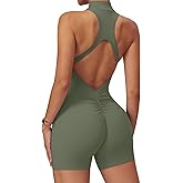 ECUPPER Women Backless Workout Jumpsuits One Piece Sleeveless Gym Rompers Zip Up Tummy Control Scrunch Shorts Yoga Bodysuit