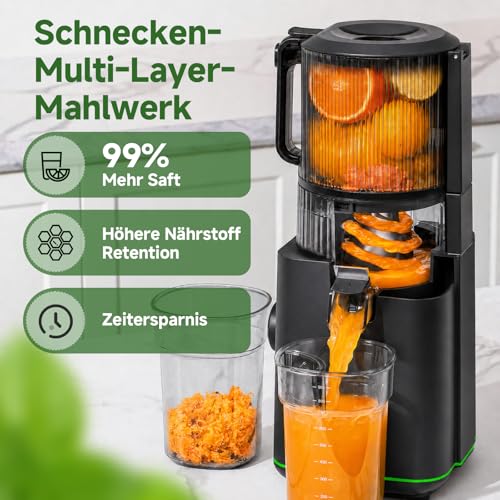AMZCHEF Slow Juicer, 160 mm Filling Opening for Whole Fruits and Vegetables | 2.5 L cold press juicer for fresh juices, sorbet and nut milk, high juice yield, quiet, easy to clean, matte black
