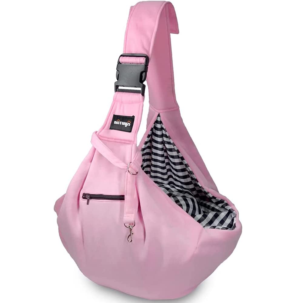 NATUYA Pet Sling Carrier Small Dog Sling Cat Carrier Bag Adjustable Strap Hands-free Sling Pet Dog Cat Carrier Bag with Front Zipper Pocket Safety Belt for Outdoor Traveling Subway (Pink)