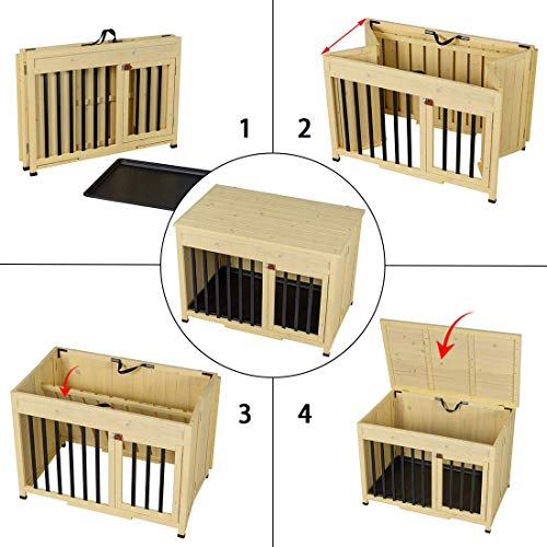 Good Life No Assembly Foldable Indoor Nature Wood Dog Crate Pet Cage Portable Cat/Dogs House Metal Railing with Tray (28" inch L)