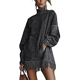 Apvirdy Womens Faux Suede Tassel Mini Dress Vintage High Neck Velvet Dresses Loose Pocket Long Sleeve Fringe Dress