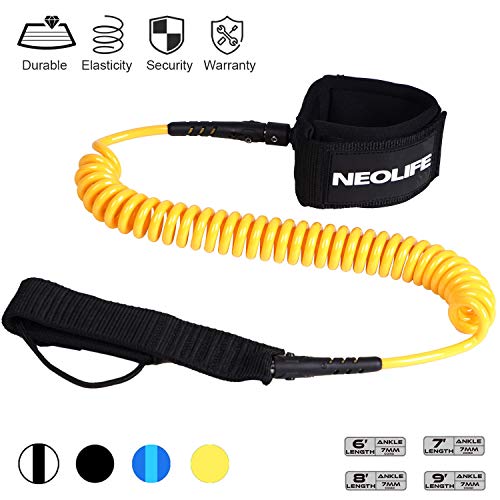Neolife Coiled Premium Surfboard Leash,Stand Up Paddle Board Leash Ankle Strap Leg Rope with Double Stainless Steel Swivels for Longboard Snowboard Sup Leashes(6Ft Yellow